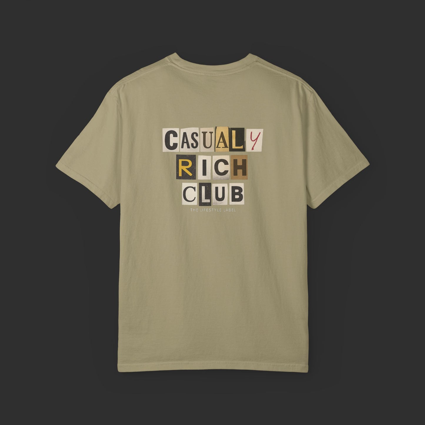 khaki Collage Graphic Tee – Bold Back Logo Streetwear