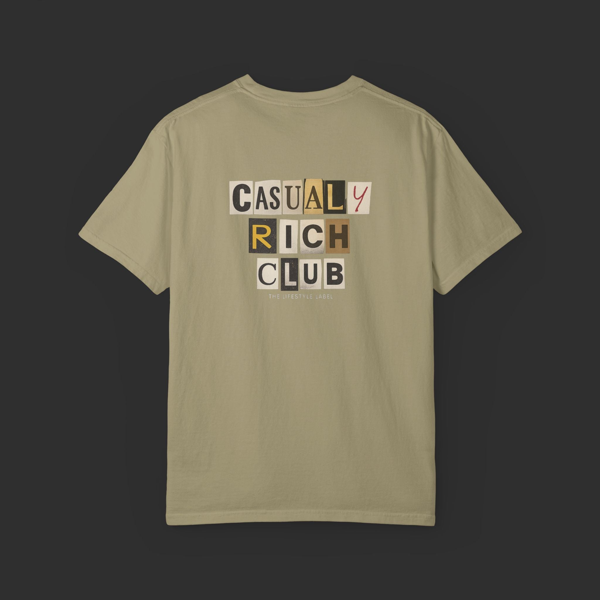 khaki Collage Graphic Tee – Bold Back Logo Streetwear